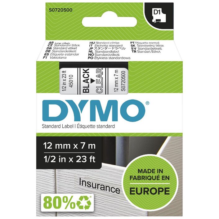 DYMO Label Manager Tape D1 12mmx7M Black on Clear Default Title