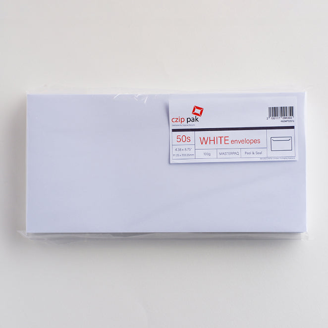 WHITE Envelopes 4.38"x8.75" 100g 50s MASTERPAQ P&S