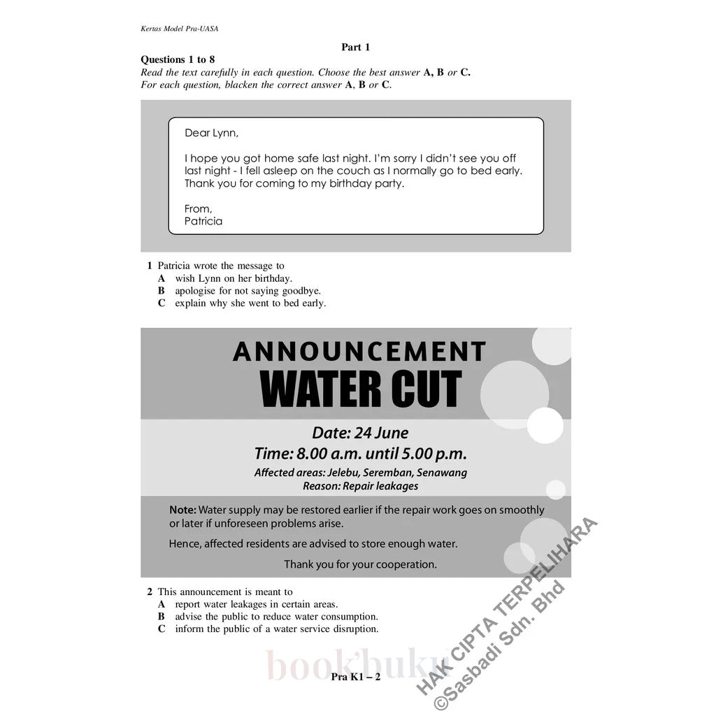 Kertas Model UASA KSSM English Form 1 (Edisi Semakan)