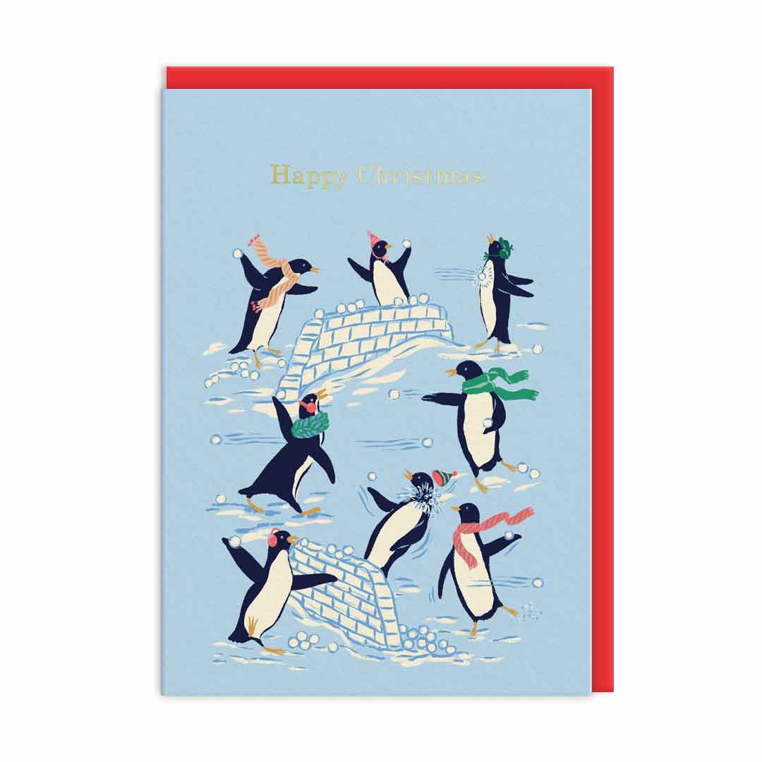OHH DEER Card Christmas Penguins Snowball Fight