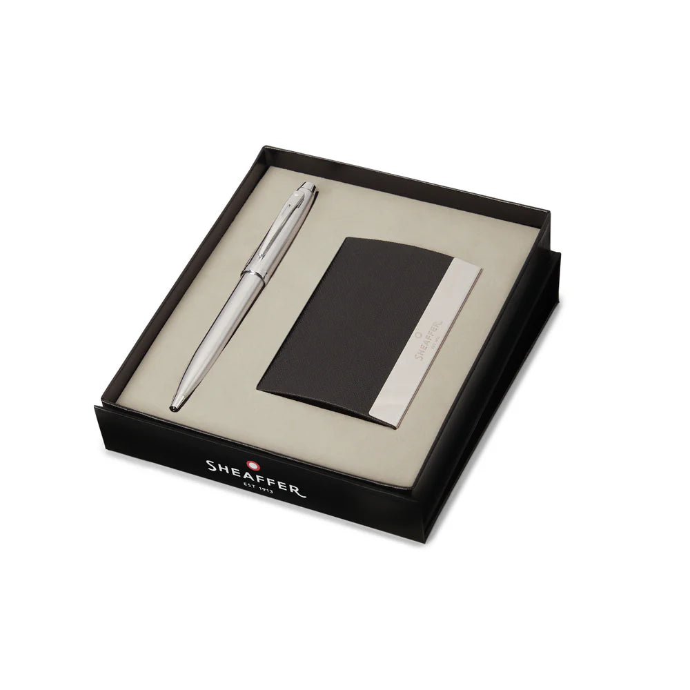 SHEAFFER 100 9306 Brushed Chrome Ballpoint Pen with Card Holder