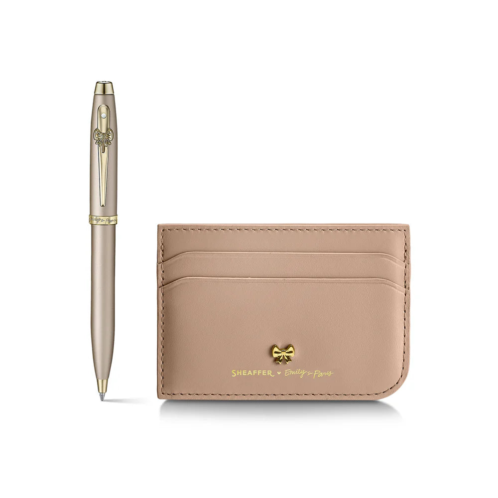 SHEAFFER x Emily In Paris 100 9377 Champagne Gold with Champgne Gold Trim Ballpoint Pen and Full-Grain Credit Card Holder Gift Set