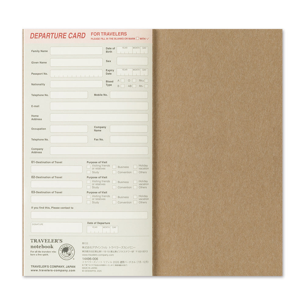 TRAVELERS Notebook 2026 Second Half Weekly Vertical