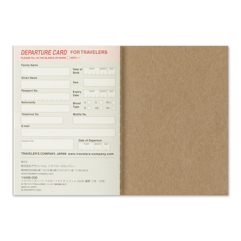 TRAVELERS Notebook 2026 Passport Size Second Half Weekly