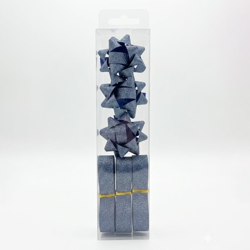 JIPPURI Matte Glitter Ribbon & Bow Set of 6 Grey Blue