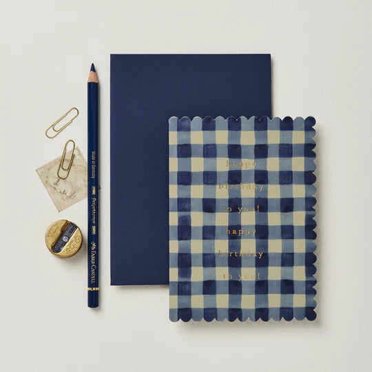 WANDERLUST PAPER CO Greeting Card Blue Gingham Happy Birthday To You