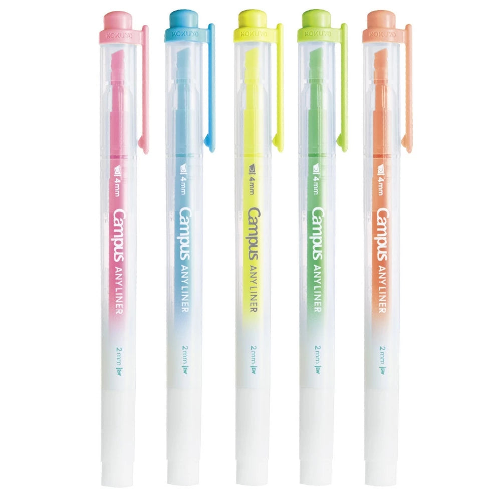 KOKUYO Campus Any Liner Highlighter 4mm/2mm Dual Tip Set of 5 Neon Colours (WPM2-NC-5C)