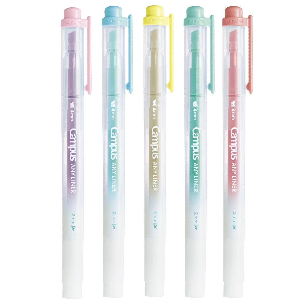 KOKUYO Campus Any Liner Highlighter 4mm/2mm Dual Tip Set of 5 Soft Colours (WPM2-ST-5C)
