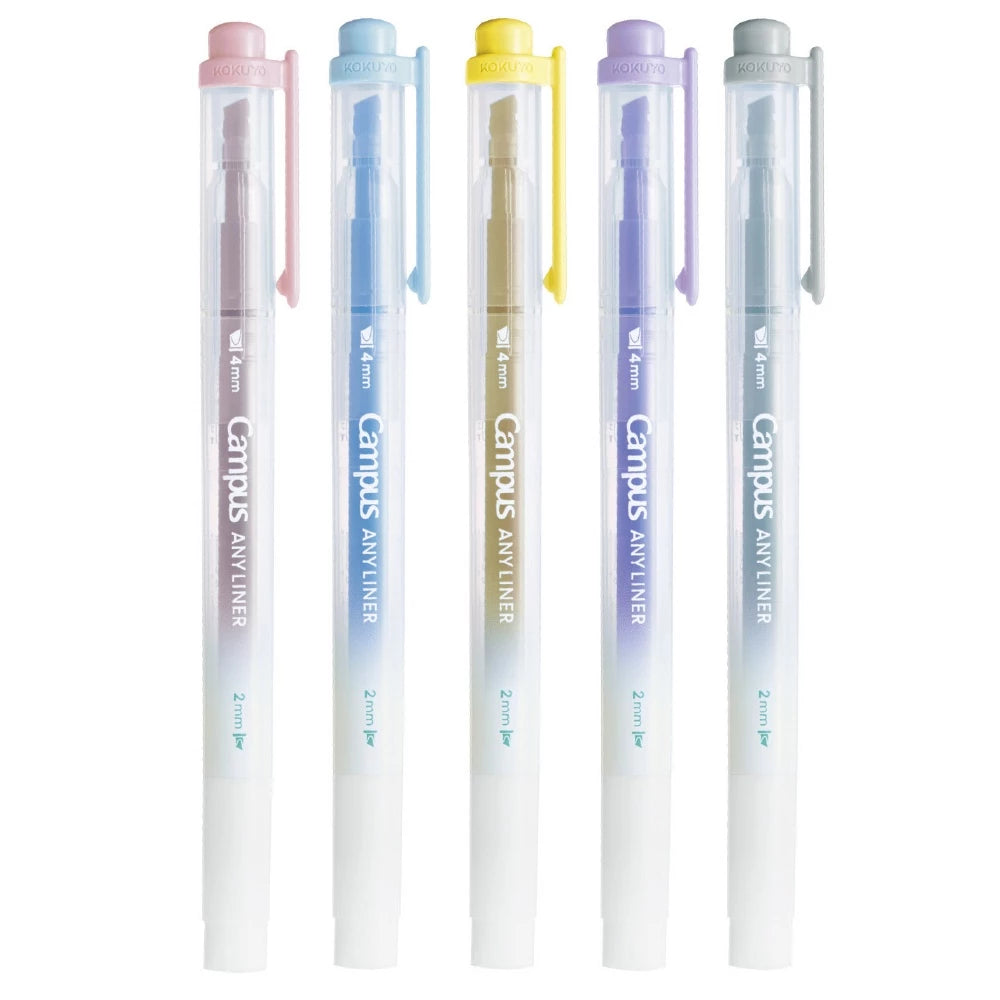 KOKUYO Campus Any Liner Highlighter 4mm/2mm Dual Tip Set of 5 Smoke Colours (WPM2-SM-5C)