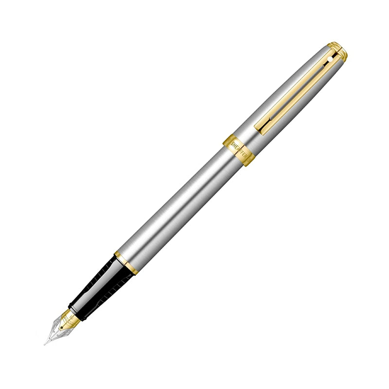 SHEAFFER Prelude 342 Brushed Chrome with Gold Trim Fountain Pen - Broad Nib