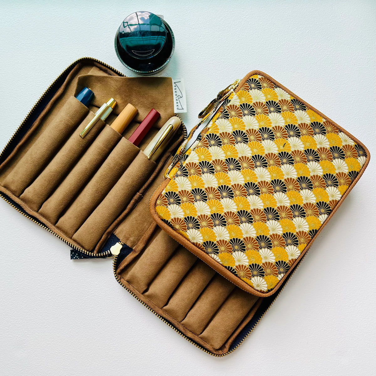 KYOKU HAKU Zippered Pen Case 10 Slots Seigaiha Yellow