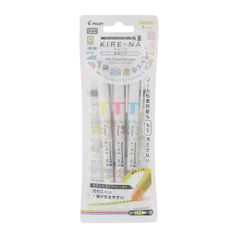 PILOT Kire-Na Me Time Design Twin Highlighter Set of 3 Yellow, Pink, Blue