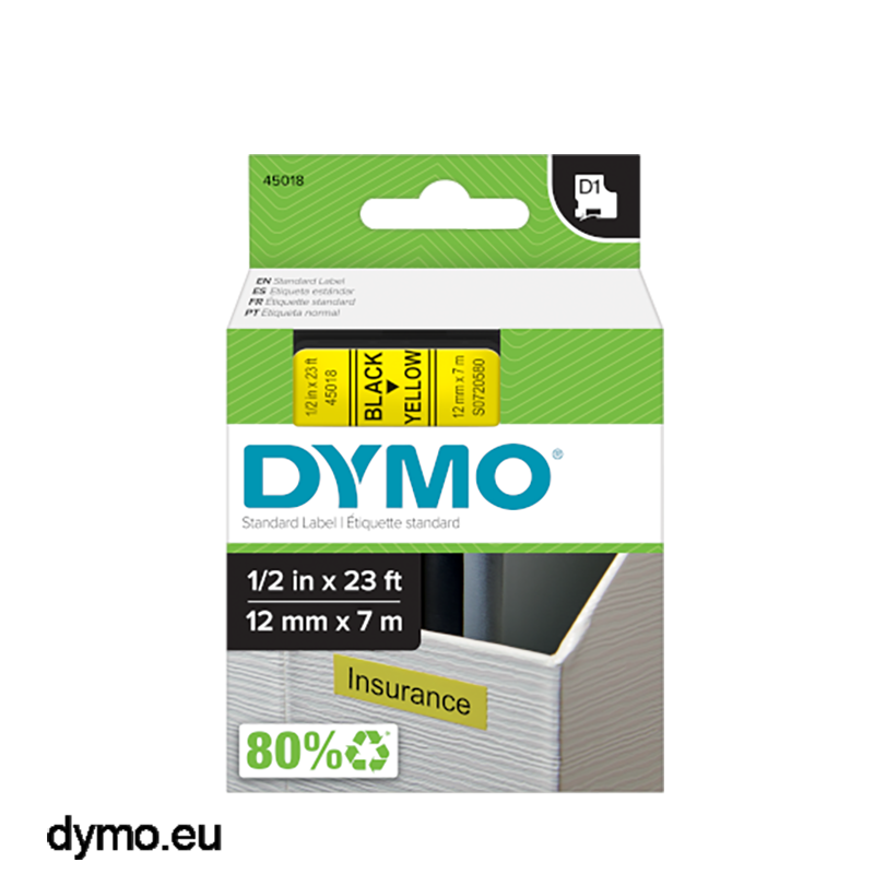 DYMO Label Manager Tape D1 12mmx7M Black on Yellow