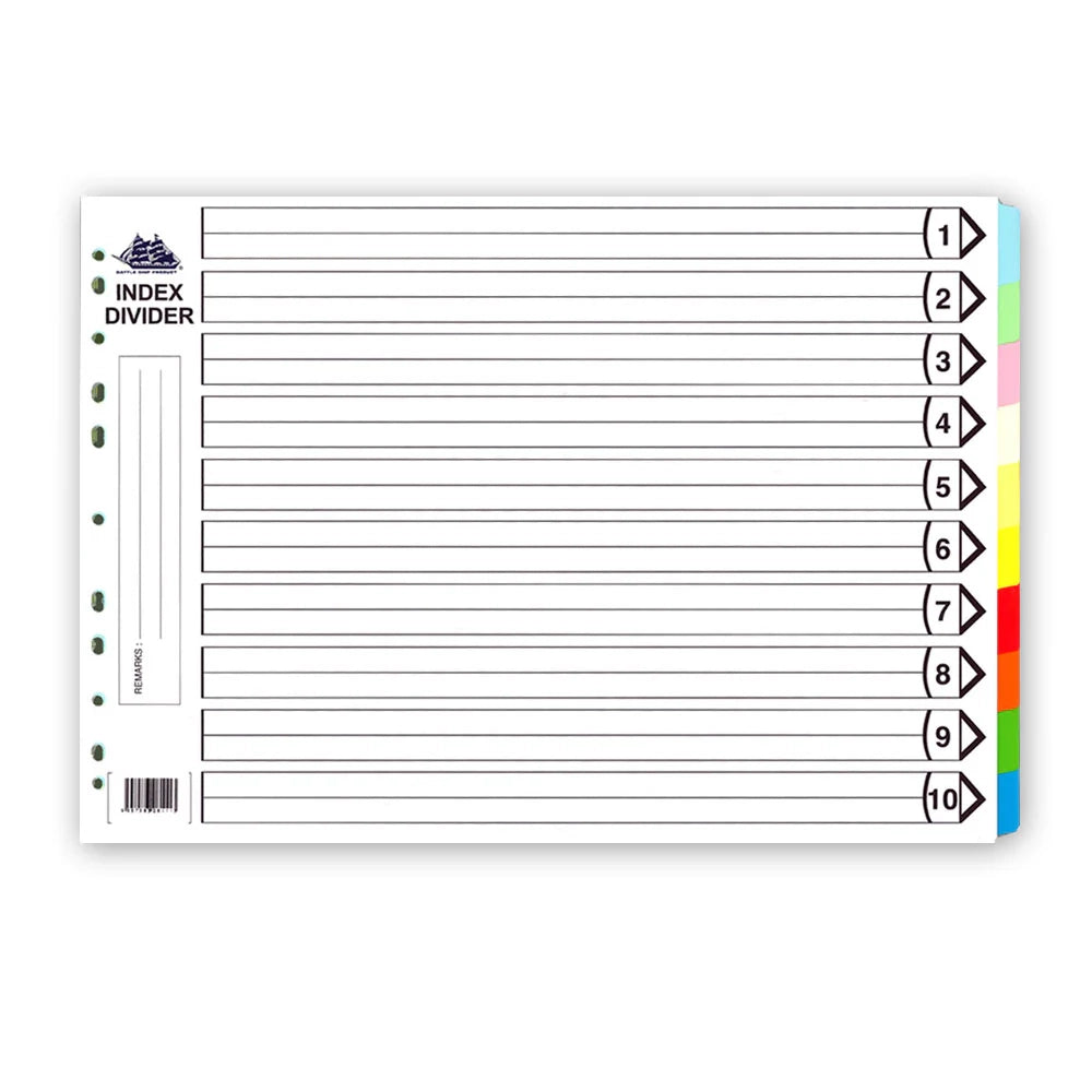 BATTLESHIP Index Divider w/Hole A3-10 Tab COLOUR