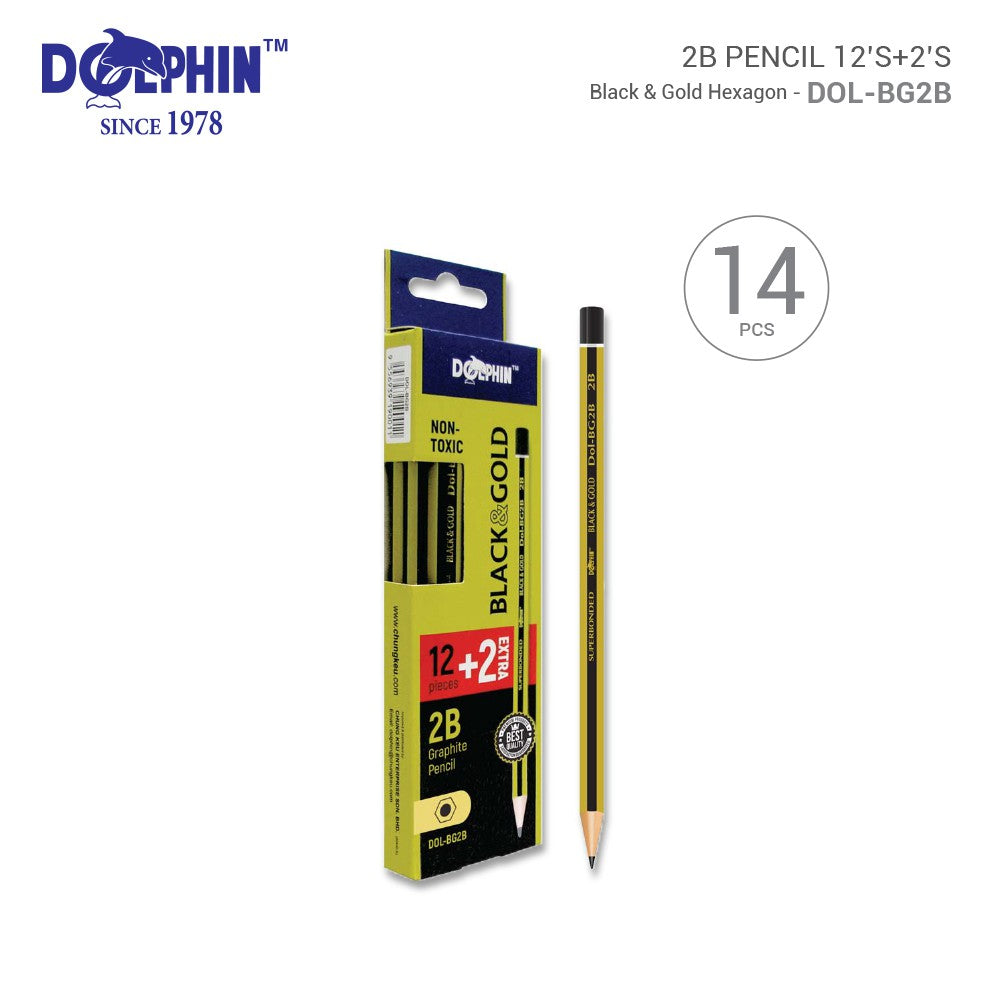 DOLPHIN Pencils DOLBG2B 2B Black & Gold 12+2