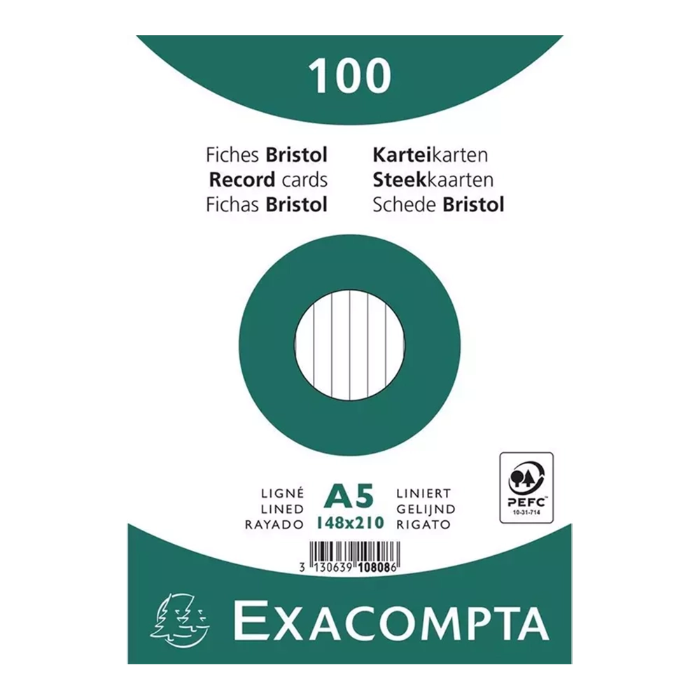 EXACOMPTA Record Cards 100s 14.8x21cm Ruled-White