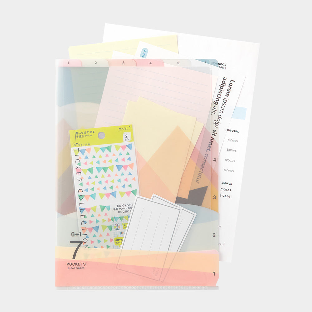 MIDORI 7-Pockets Clear Folder A4 Landscape Pink