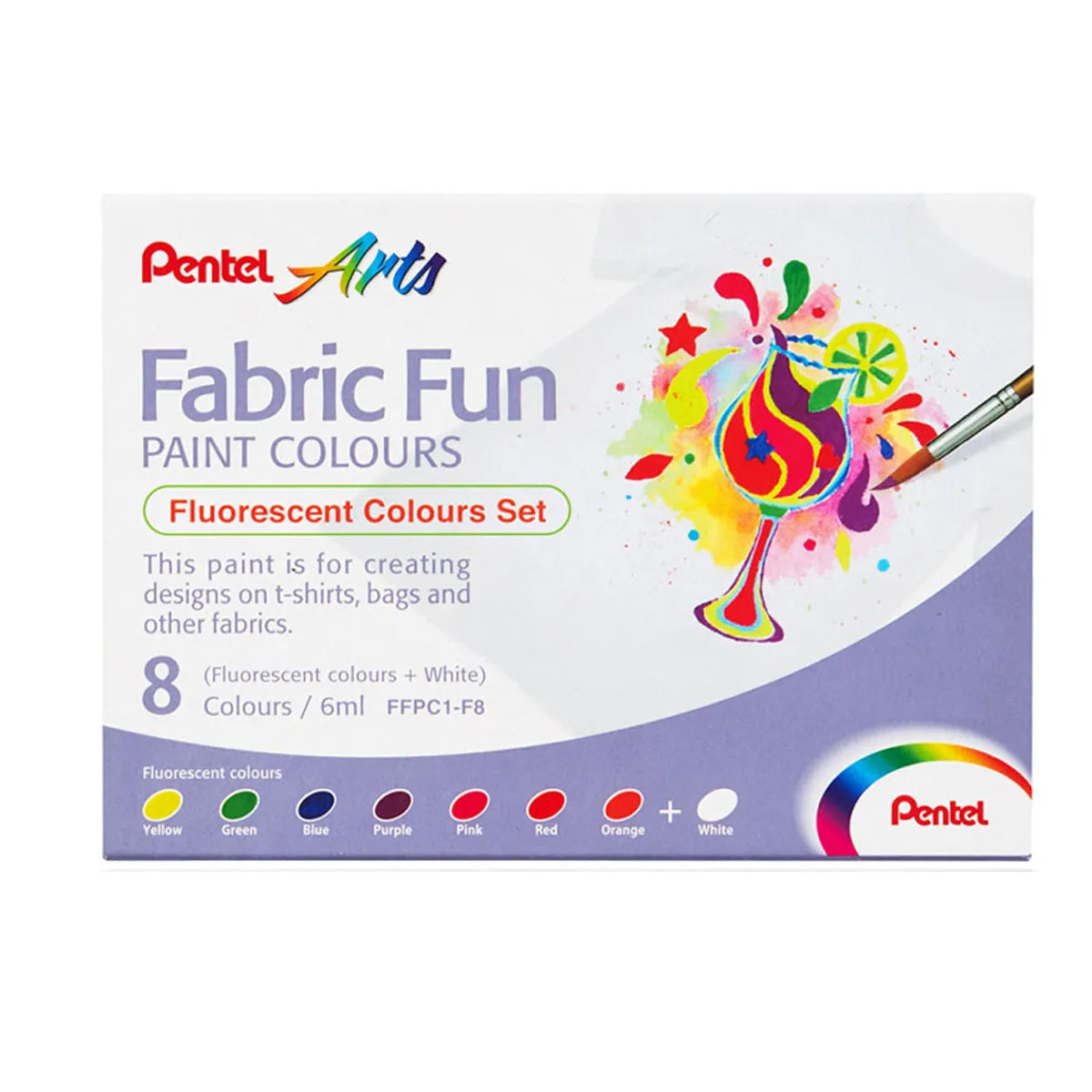 PENTEL Arts Fabric Fun Paint Colours Set of 8 Fluorescent