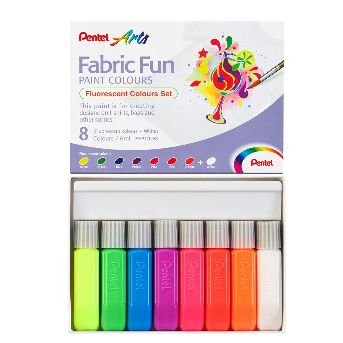 PENTEL Arts Fabric Fun Paint Colours Set of 8 Fluorescent