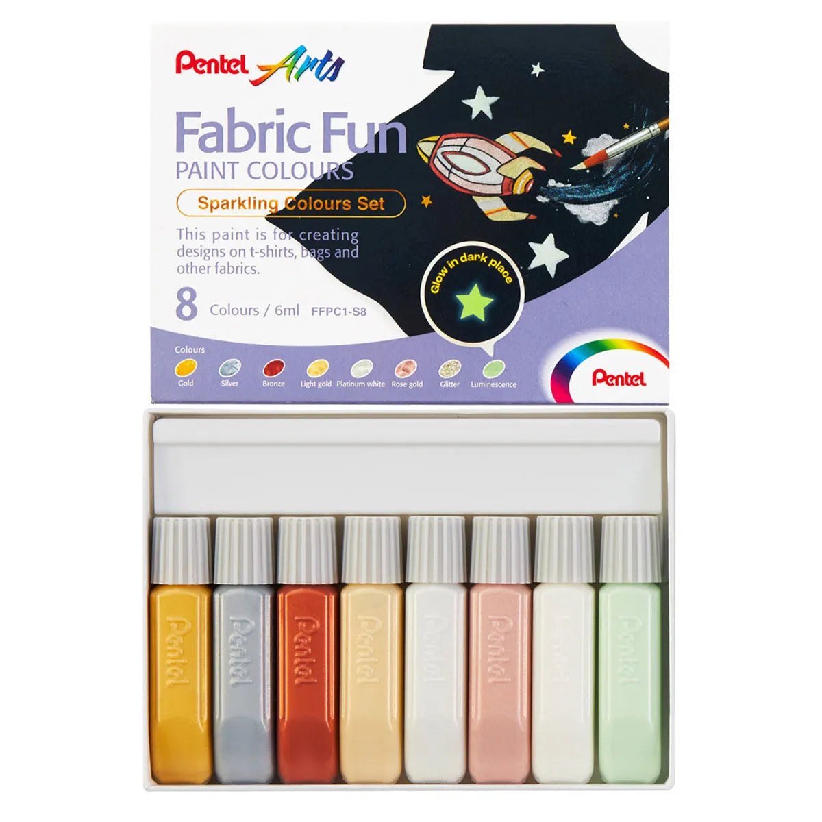 PENTEL Arts Fabric Fun Paint Colours Set of 8 Sparkling