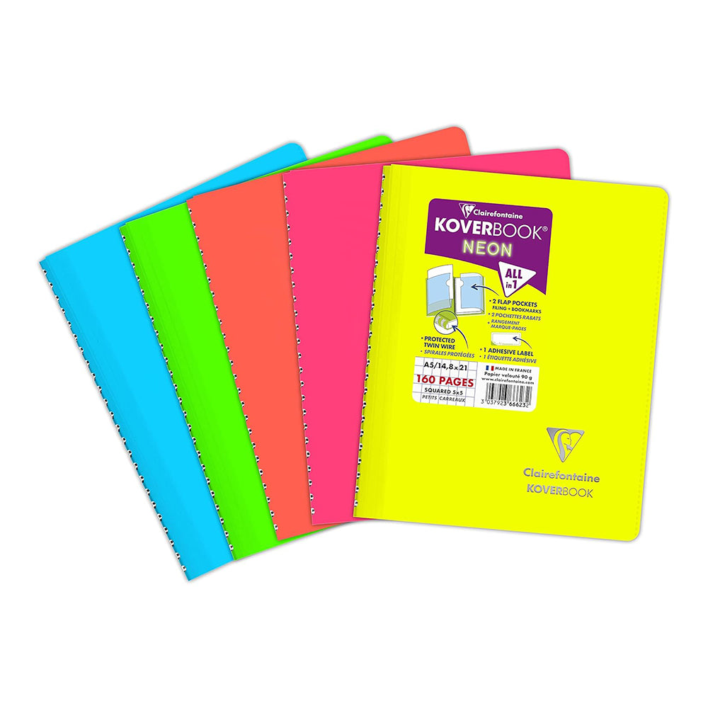 CLAIREFONTAINE Koverbook Neon Wirebound Notebook 14.8x21cm 80s 5x5 Sq Assorted