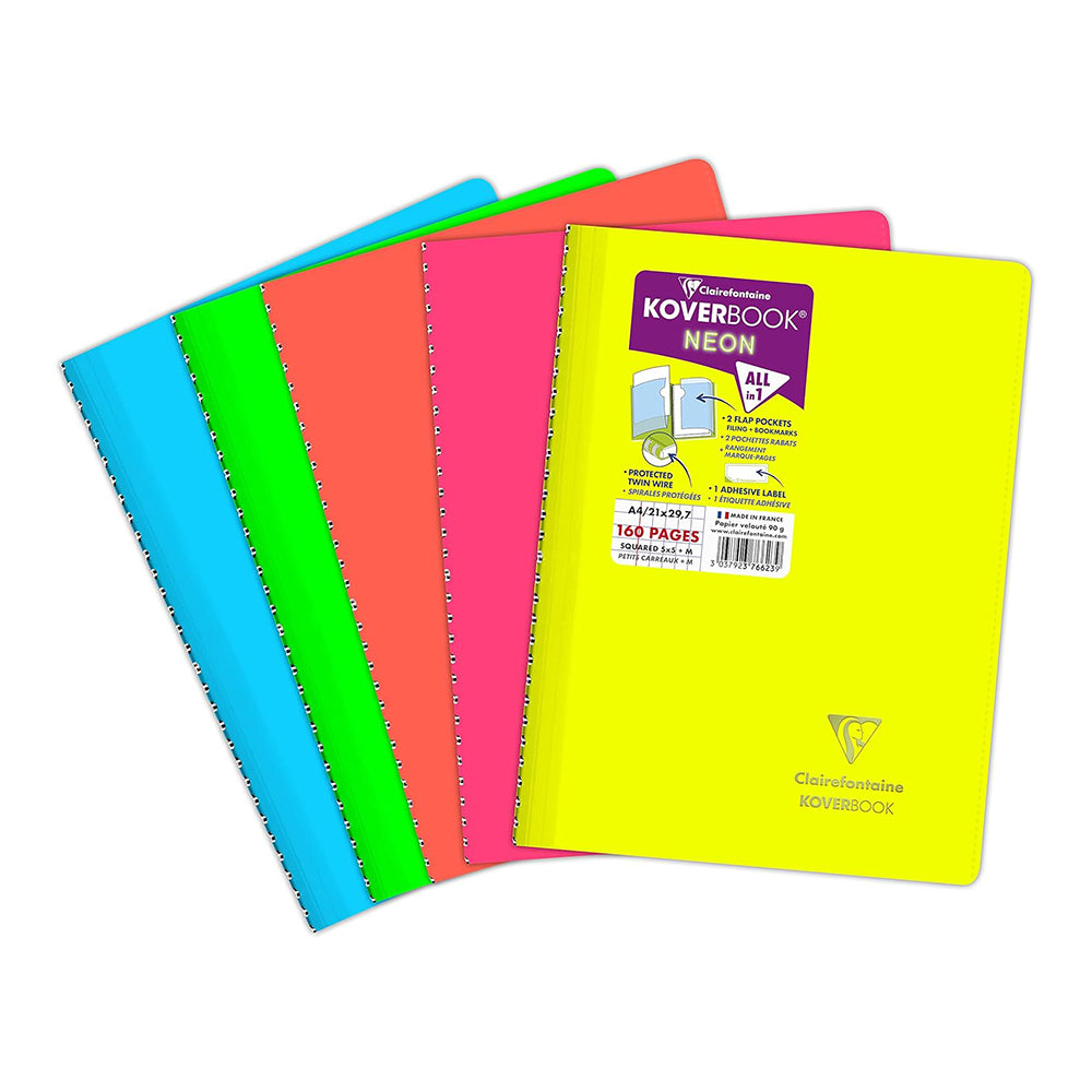 CLAIREFONTAINE Koverbook Neon Wirebound Notebook 21x29.7cm 80s 5x5 Sq Assorted