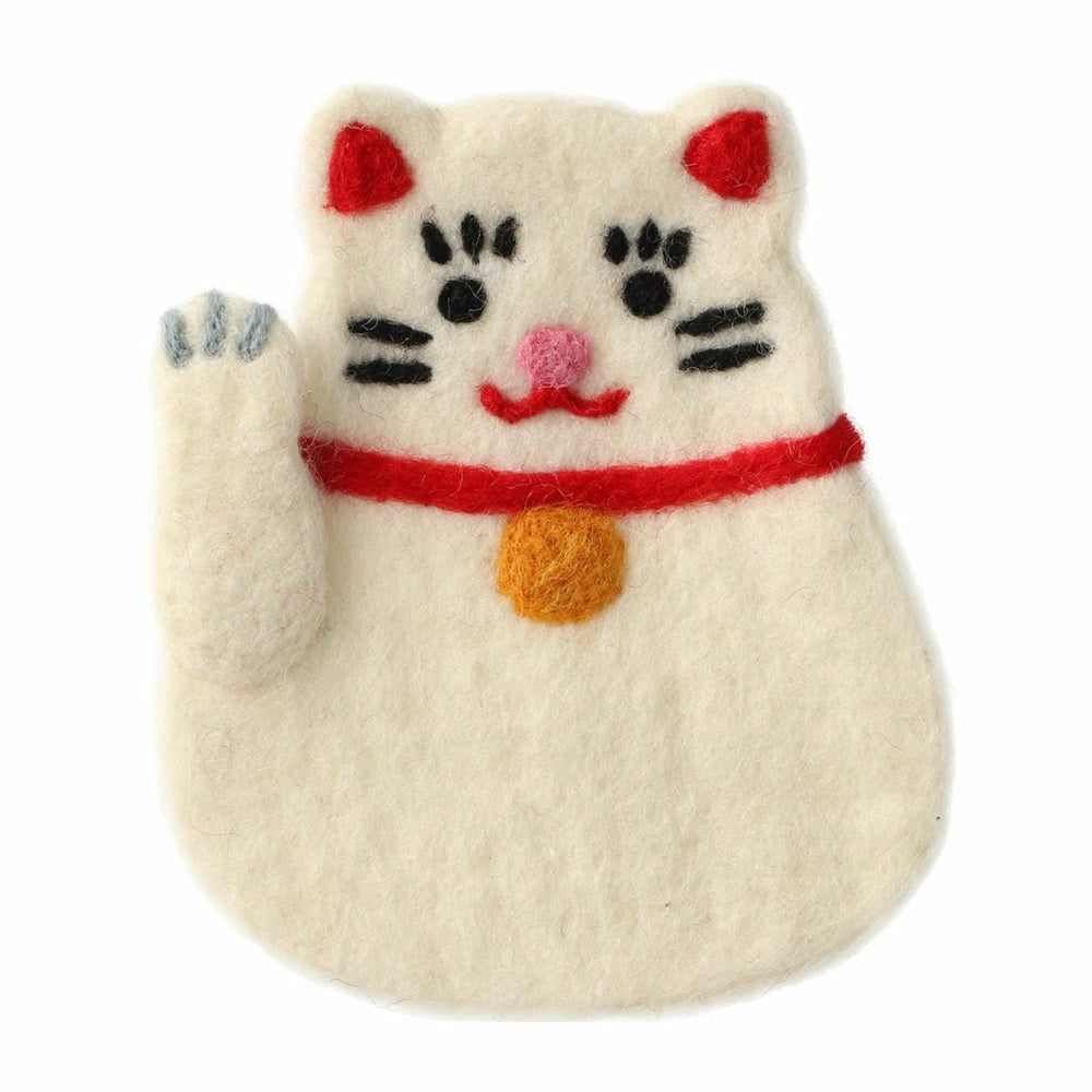 MARK'S Japan Fortune Motif Felt Coaster Lucky Cat White