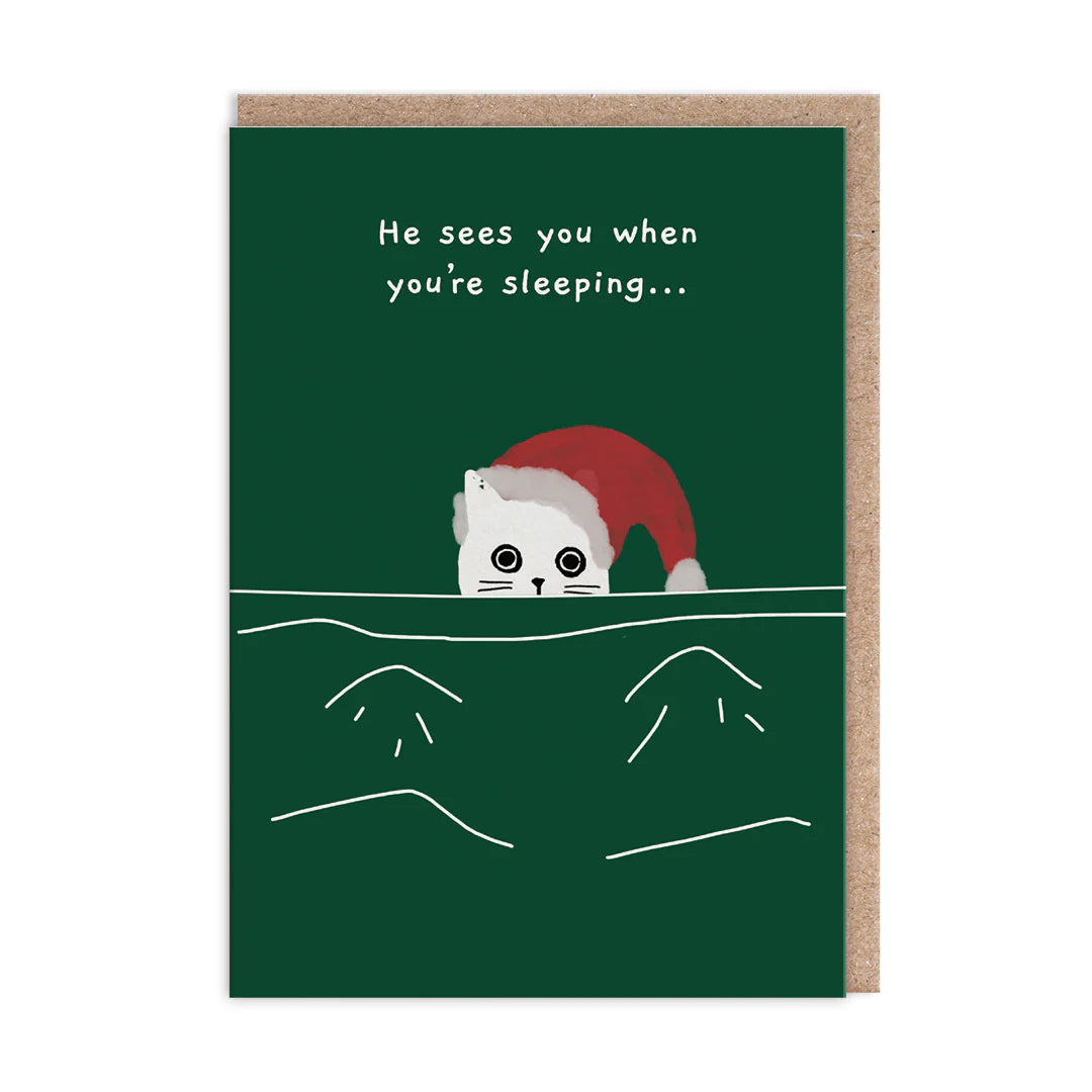OHH DEER Card Christmas He Sees You When You're Sleeping Cat