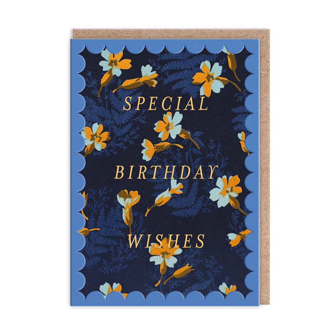 OHH DEER Card Scalloped Navy and Orange Floral