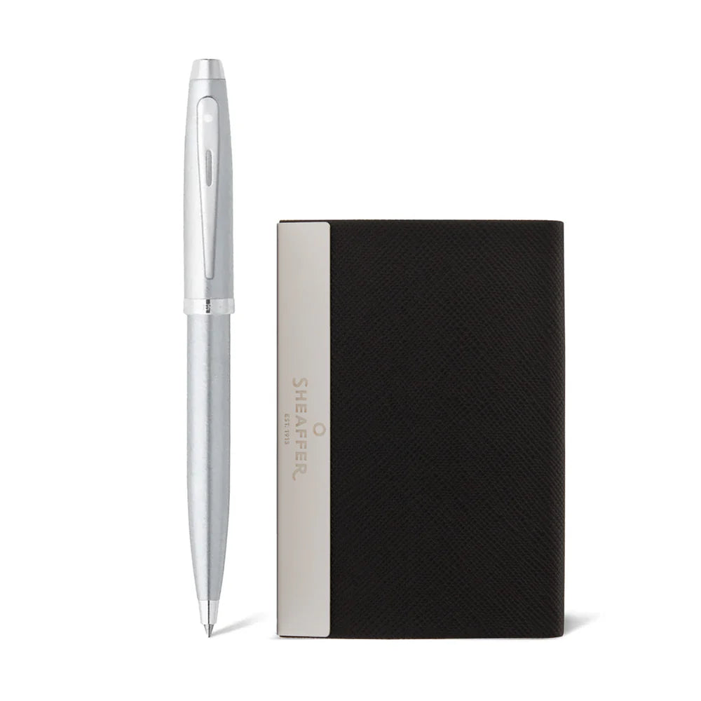 SHEAFFER 100 9306 Brushed Chrome Ballpoint Pen with Card Holder