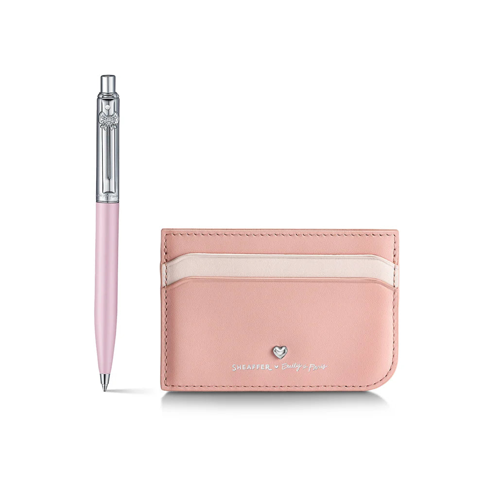 SHEAFFER x Emily In Paris Sentinel 321 Pink Matte Finish with Chrome Trims Ballpoint Pen and Full-Grain Leather Credit Card Holder Gift Set
