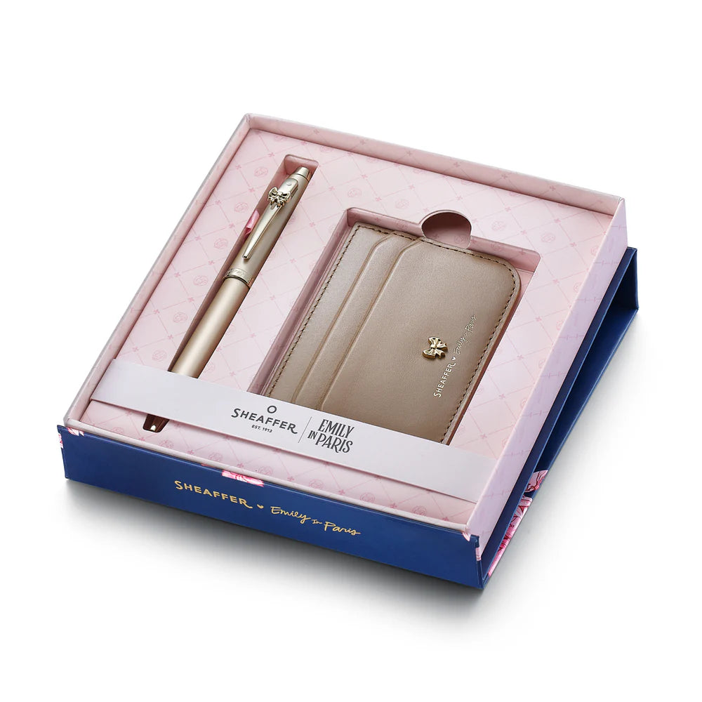 SHEAFFER x Emily In Paris 100 9377 Champagne Gold with Champgne Gold Trim Ballpoint Pen and Full-Grain Credit Card Holder Gift Set