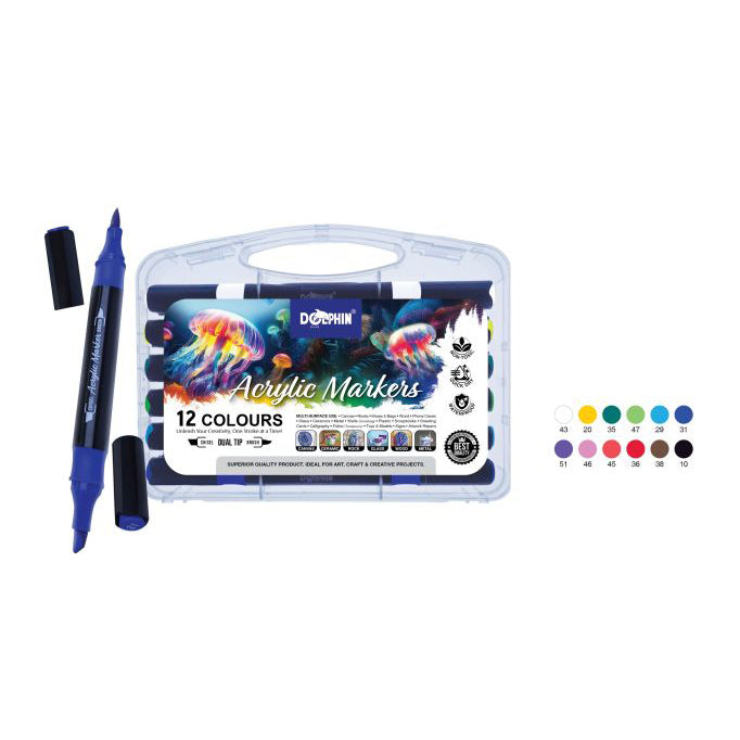 DOLPHIN Acrylic Marker Dual Tips DOL-AC6012 12 Colours Set - Brush & Chisel Tip