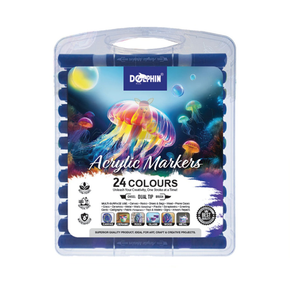 DOLPHIN Acrylic Marker Dual Tips DOL-AC6024 24 Colours Set - Brush & Chisel Tip