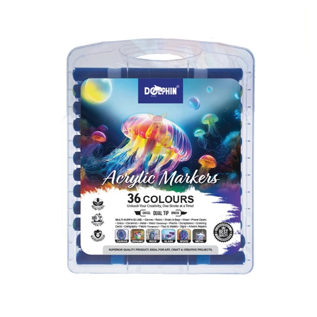 DOLPHIN Acrylic Marker Dual Tips DOL-AC6036 36 Colours Set - Brush & Chisel Tip