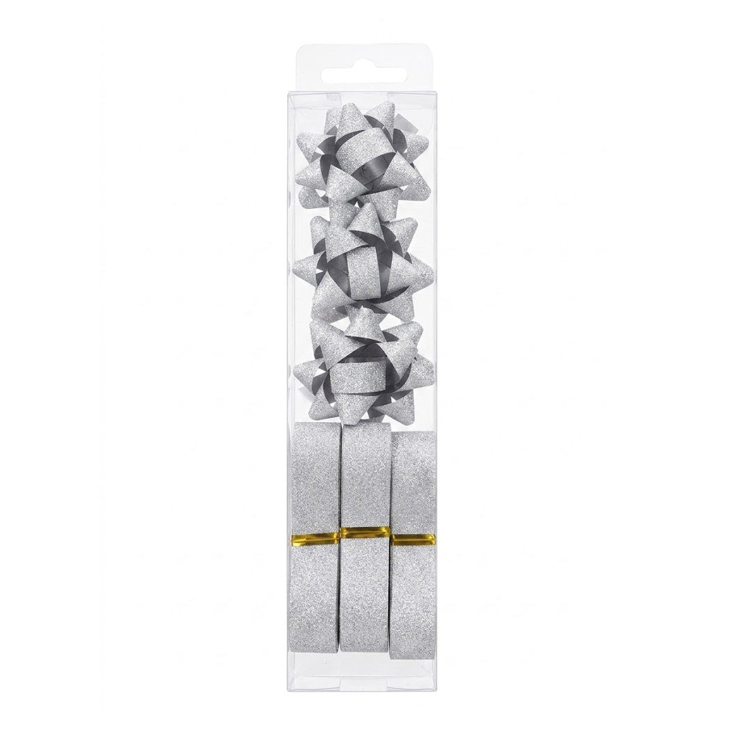 JIPPURI Matte Glitter Ribbon & Bow Set of 6 Silver