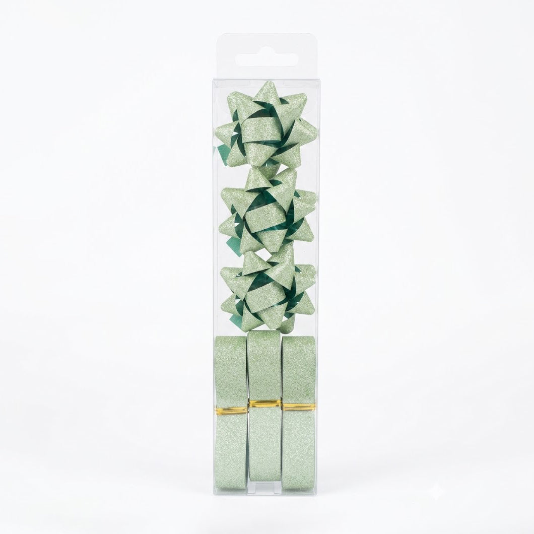 JIPPURI Matte Glitter Ribbon & Bow Set of 6 Green