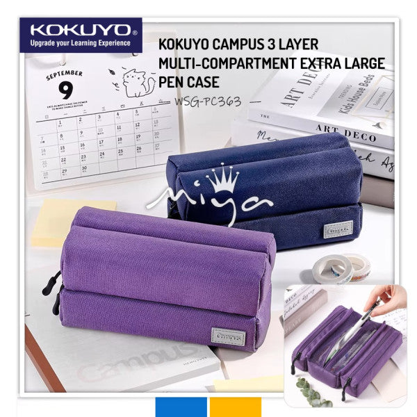 KOKUYO Campus Large Capacity 3-Compartment Pencase Navy (WSG-PC363DB)