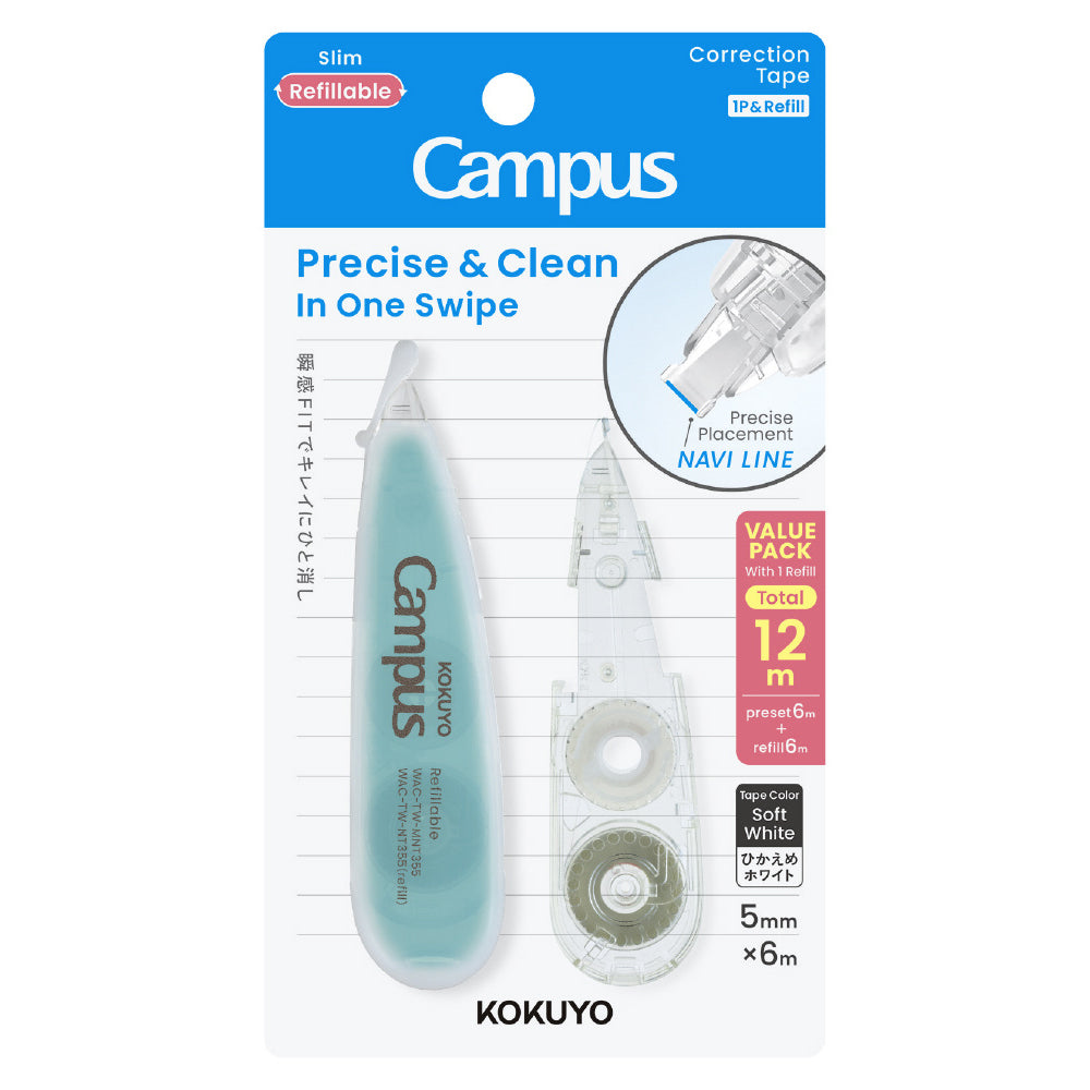 KOKUYO Campus Correction Tape NAVI LINE Refillable Slim Type+Refill Set Green
