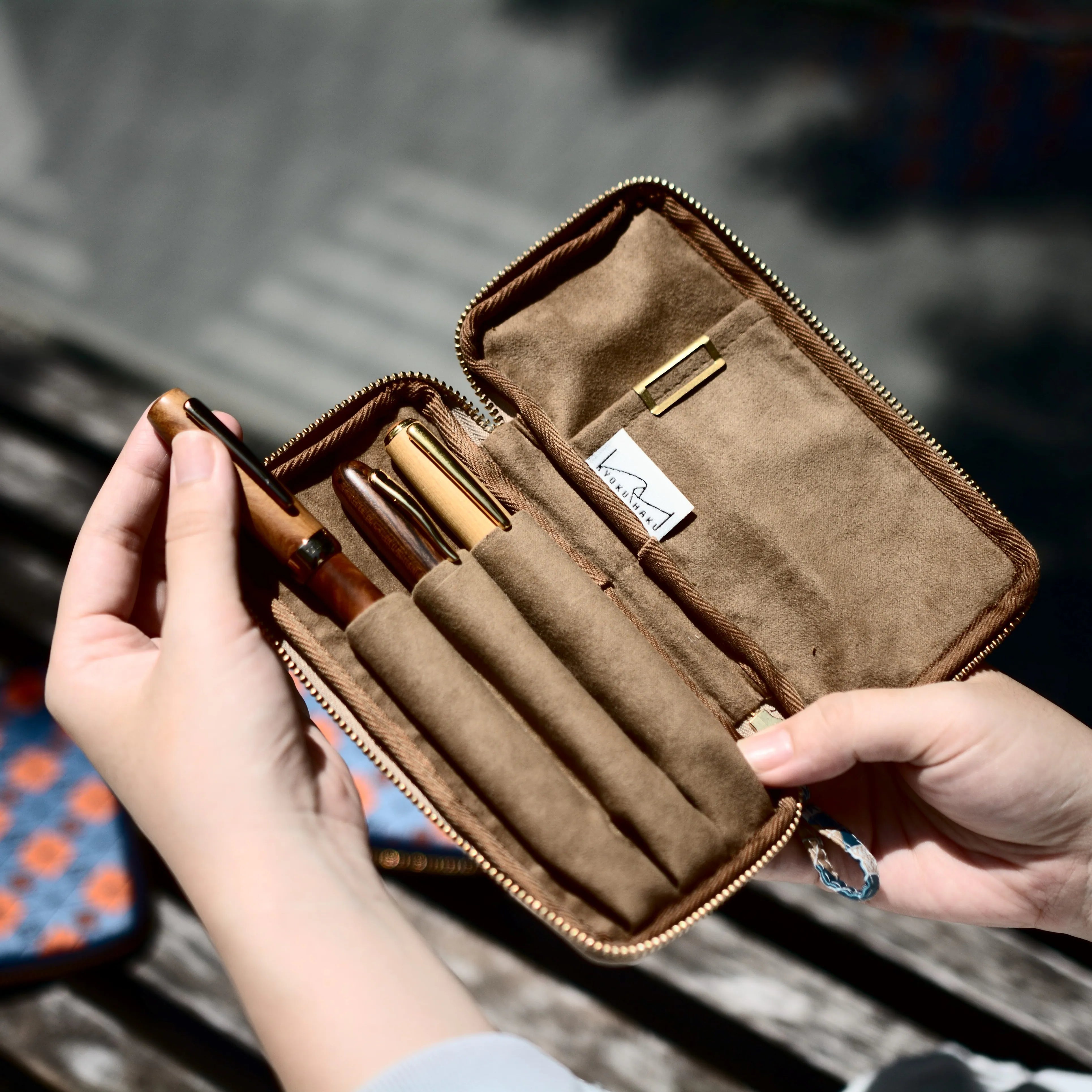 KYOKU HAKU Zippered Pen Case 3 Slots Siraya Khaki