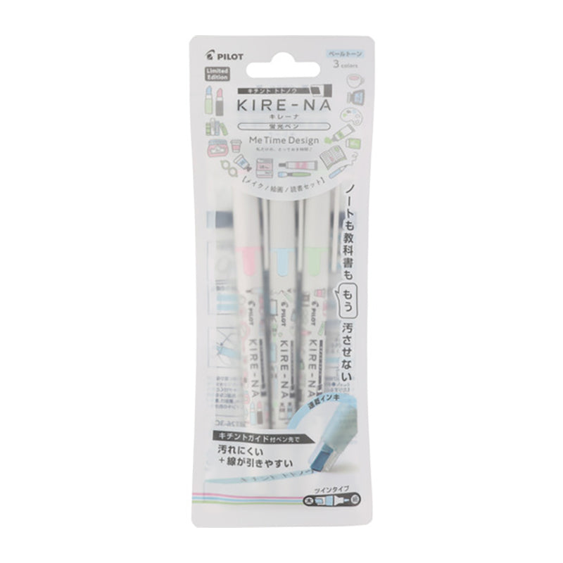 PILOT Kire-Na Me Time Design Twin Highlighter Set of 3 Pastel Pink, Pastel Blue, Pastel Green